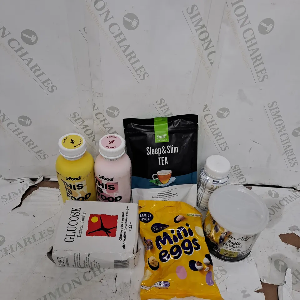 TOTE OF ASSORTED FOOD AND DRINK TOO INCLUDE MINI EGGS , YFOD , TEA , ETC 