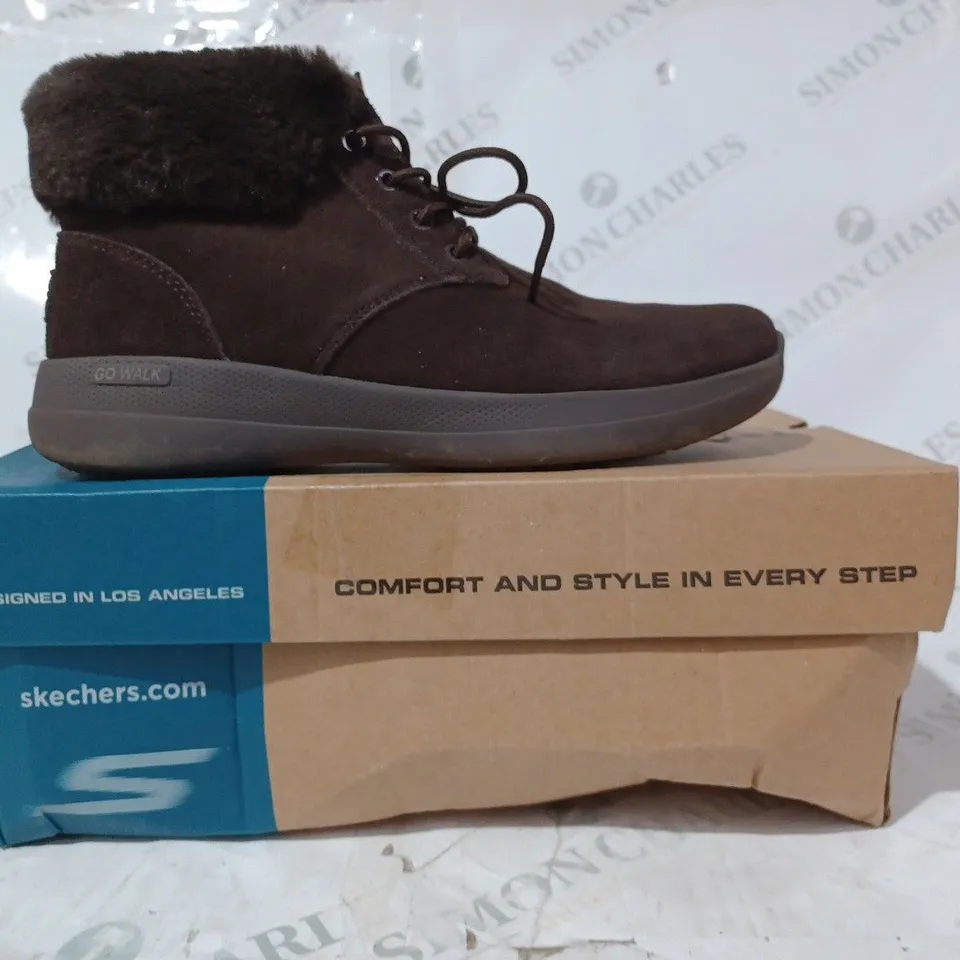 BOXED SKECHERS GO WALK STABILITY SUEDE BOOTS, CHOCOLATE - SIZE 6