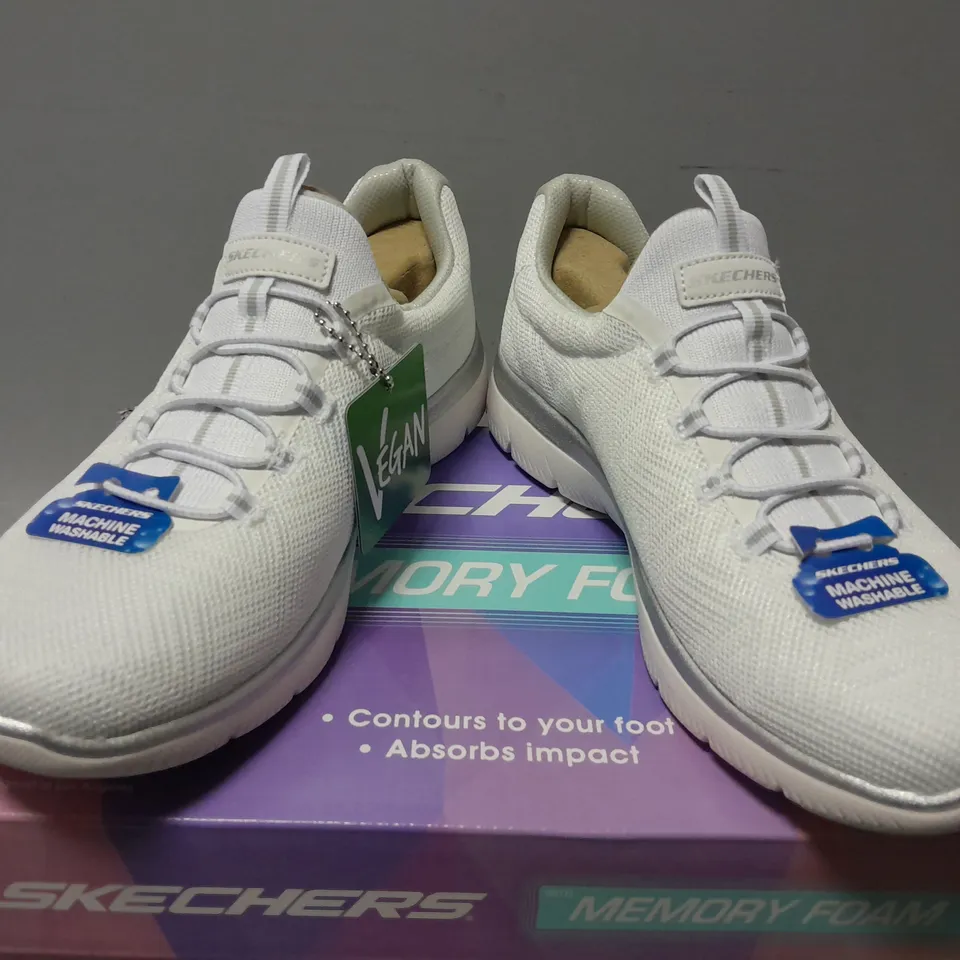 BOXED PAIR OF SKECHERS SUMMITS SLIP ONS IN WHITE - UK 5