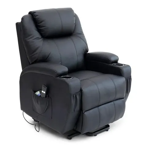 BOXED BLACK LEATHER POWERED RISE & RECLINING EASY CHAIR (2 BOXES)