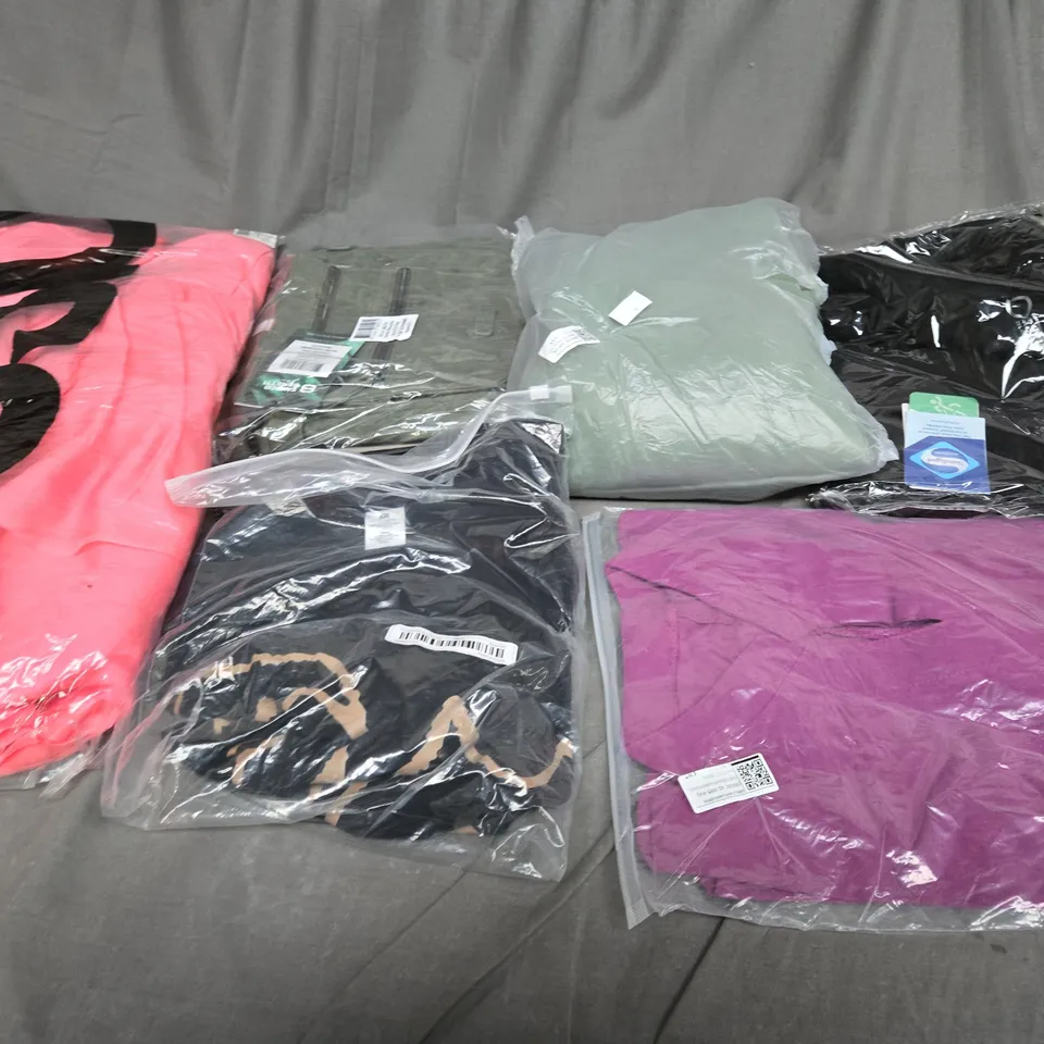 LARGE BOX OF ASSORTED CLOTHING ITEMS IN VARIOUS COLOURS, SIZES AND STYLES