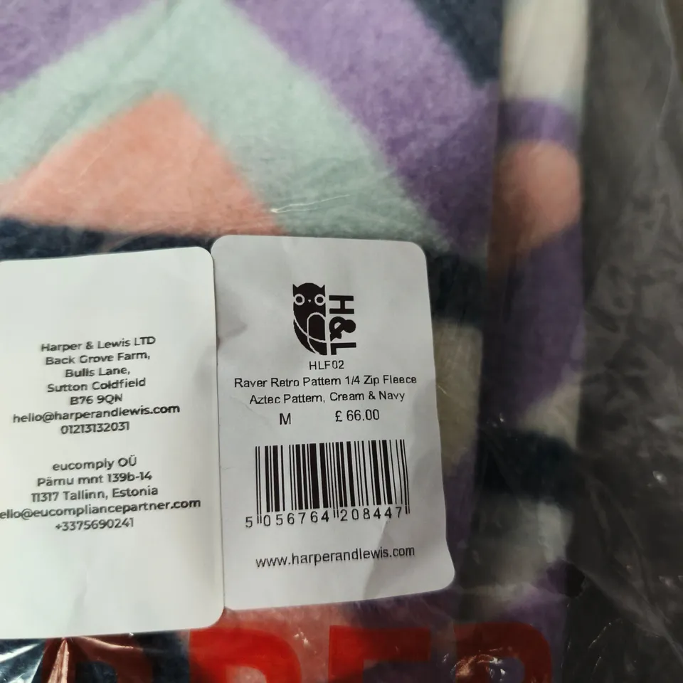 HARPER & LEWIS RAVER RETRO PATTERN 1/4 ZIP FLEECE, AZTEC CREAM & NAVY – UK M