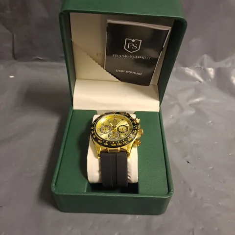 FRANK SCHMIDT WATCH – STAINLESS STEEL BACK BASE - BLACK & GOLD - MULTI FUNCTION SUB DIALS WITH DATE - RUBBER SPORTS STRAP – 3ATM WATER RESISTANT