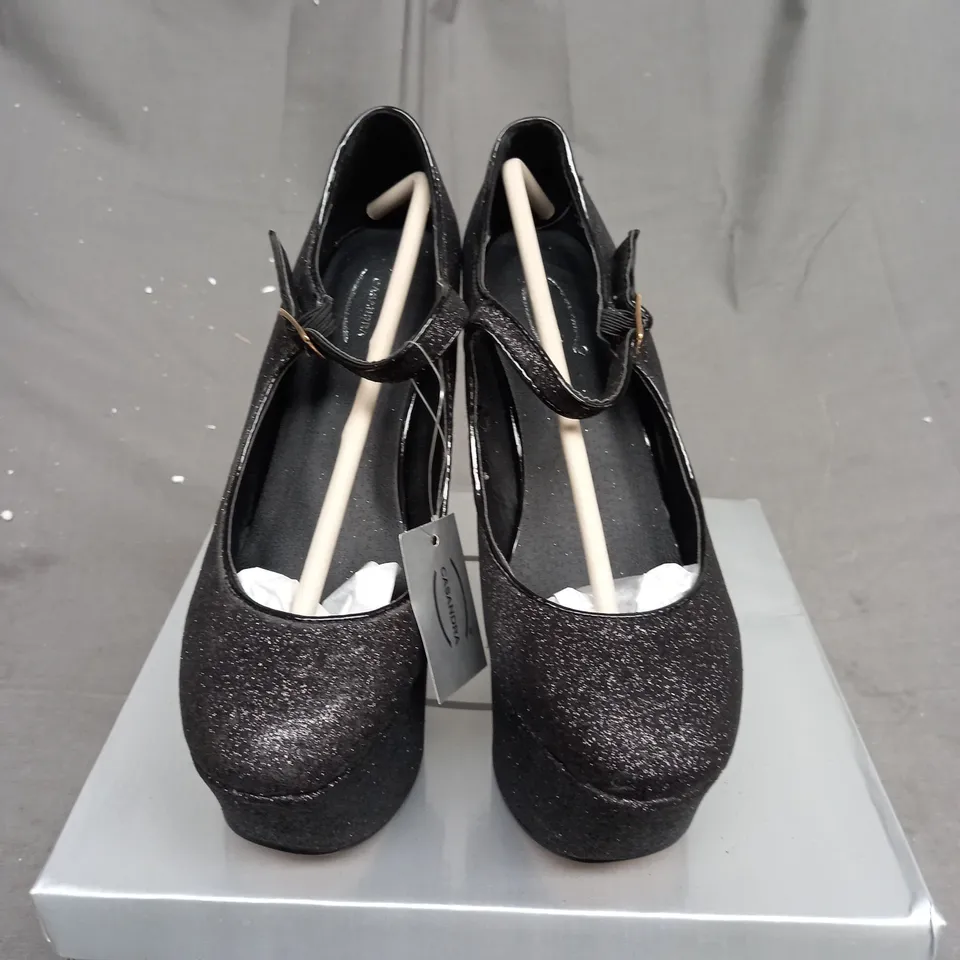 BOX OF APPROXIMATELY 10 BOXED BLACK GLITTER HIGH HEEL SHOES IN VARIOUS SIZES