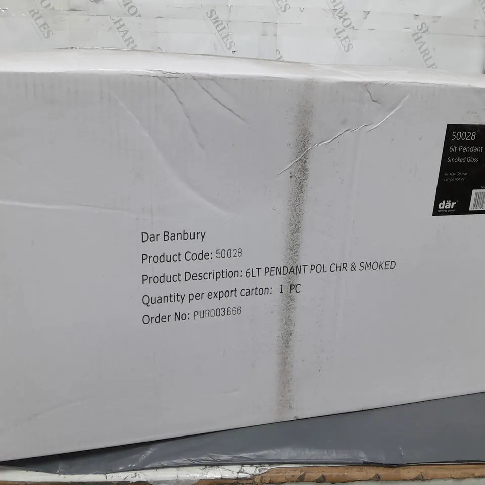 BRAND NEW BOXED DAR 6-LIGHT PENDANT POLISHED CHROME & SMOKED GLASS 