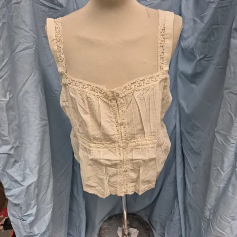 MANGO TOP 205 MARABU – CREAM LACE-TRIM SLEEVELESS BLOUSE, UK LARGE (L)