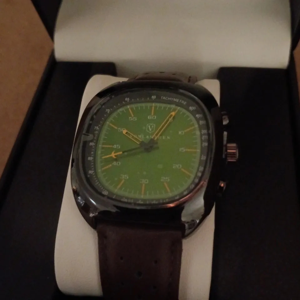 VONLANTHEN AVIATION WATCH FEATURING A GREEN DIAL AND A BROWN LEATHER STRAP 