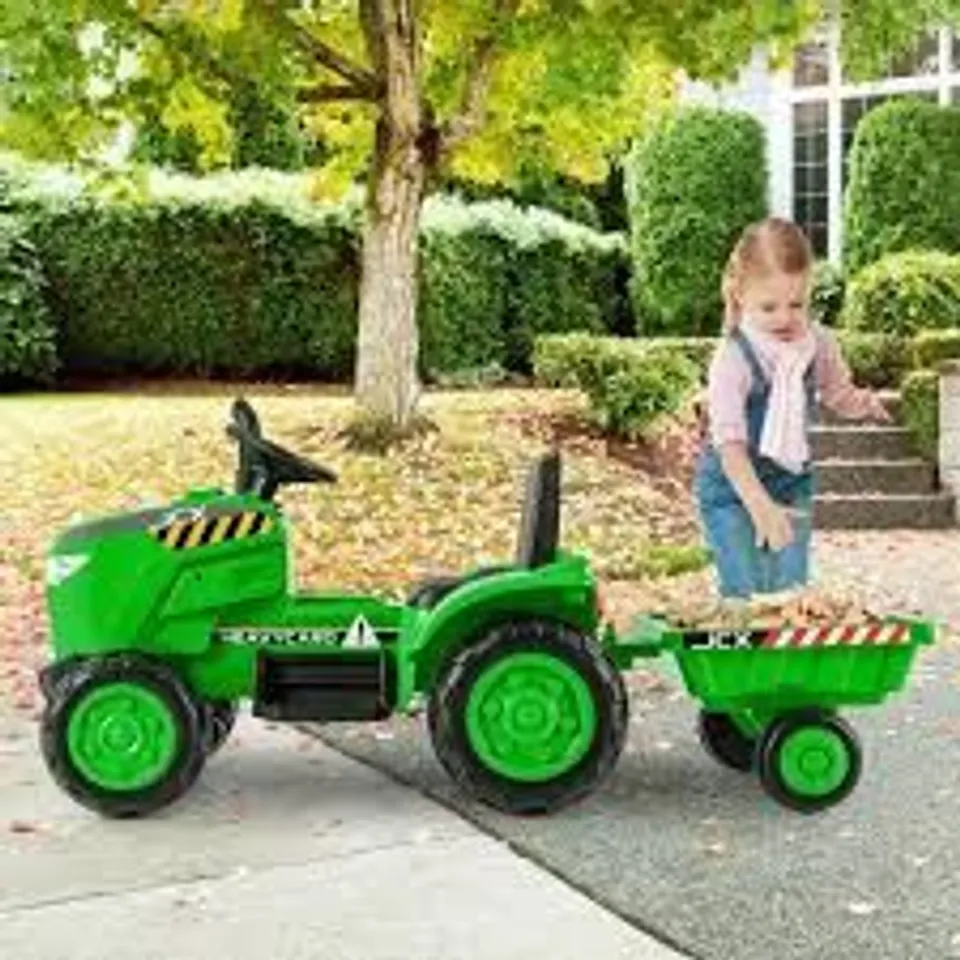 BOXED COSTWAY 12V KIDS RIDE ON TRACTOR WITH TRAILER WITH REMOTE CONTROL AND LIGHTS AND HORN - GREEN 