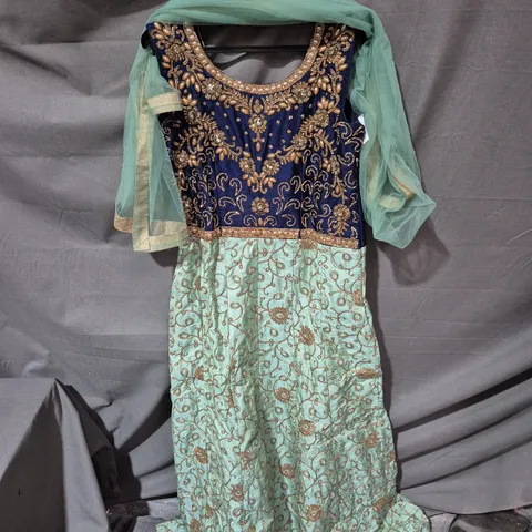 DIYA SUITS AND SARIS LEHENGA CHOLI – RAJWADA VIVAH COLLECTION (BLUE VELVET BODICE, TEAL SKIRT, MINT DUPATTA) SIZE 12- 14.