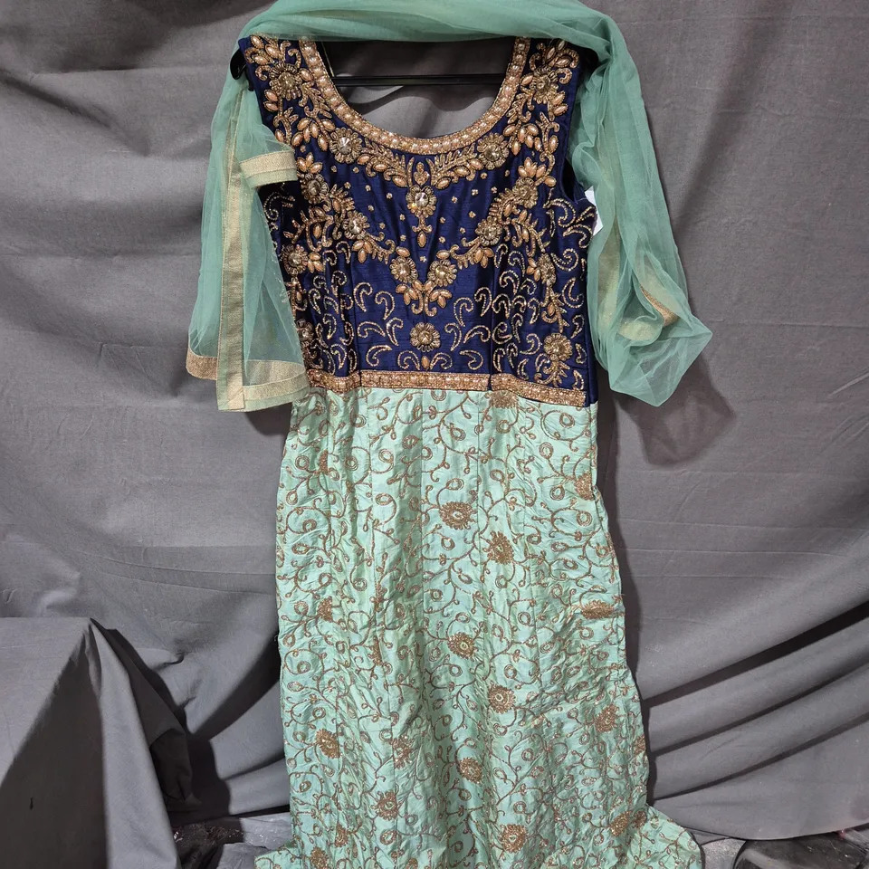 DIYA SUITS AND SARIS LEHENGA CHOLI – RAJWADA VIVAH COLLECTION (BLUE VELVET BODICE, TEAL SKIRT, MINT DUPATTA) SIZE 12- 14.