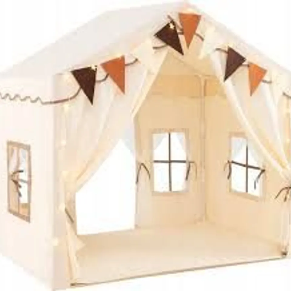 BOXED COSTWAY INDOOR PLAY TENT WITH 2 ENTRANCES & STAR LIGHTS & MACHINE WASHABLE COTTON MAT - BEIGE