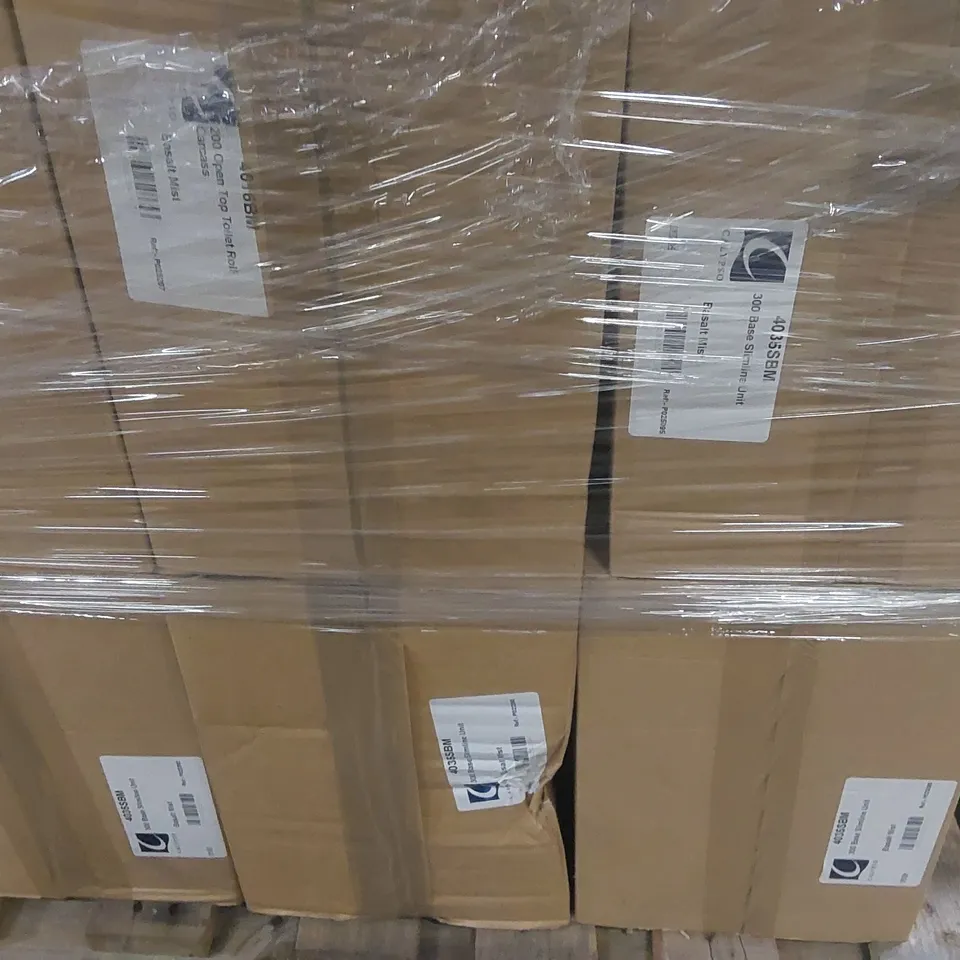 PALLET CONTAINING A LARGE QUANTITY OF ASSORTED BATHROOM FURNITURE PARTS INCLUDING: CALYPSO BASE UNITS, TOILET ROLL HOLDER CARCASSES ECT