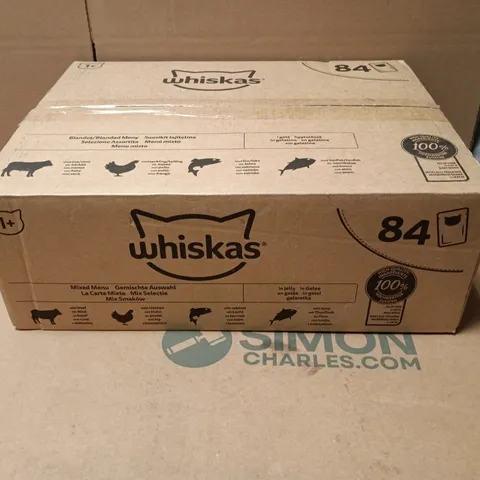 BOX OF 84 X 85G WHISKAS MIXED MENU (BEEF, CHICKEN, SALMON, TUNA) CAT FOOD
