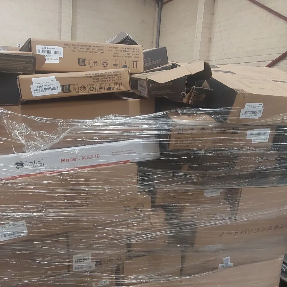 PALLET CONTAINING A LARGE QUANTITY OF ASSORTED TV MOUNTS AND SECURITY TABLET KIOSK ECT