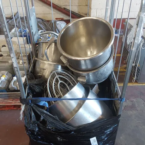 CAGE OF ASSORTED HOBART/CRYPTO BAKERY BOWLS, HOOKS, WHISKS AND BEATERS ECT // CAGE NOT INCLUDED 