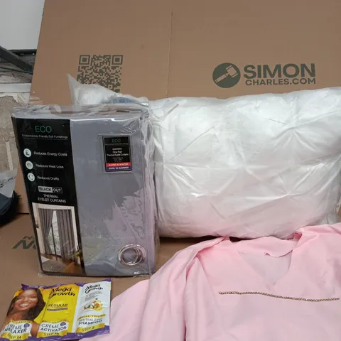 BOX OF APPROXIMATELY 5 ASSORTED ITEMS INCLUDING ECO BLACK OUT THERMAL EYELET CURTAINS,MEGA GROWTH HAIR PRODUCTS AND PINK WOMEN'S DRESS