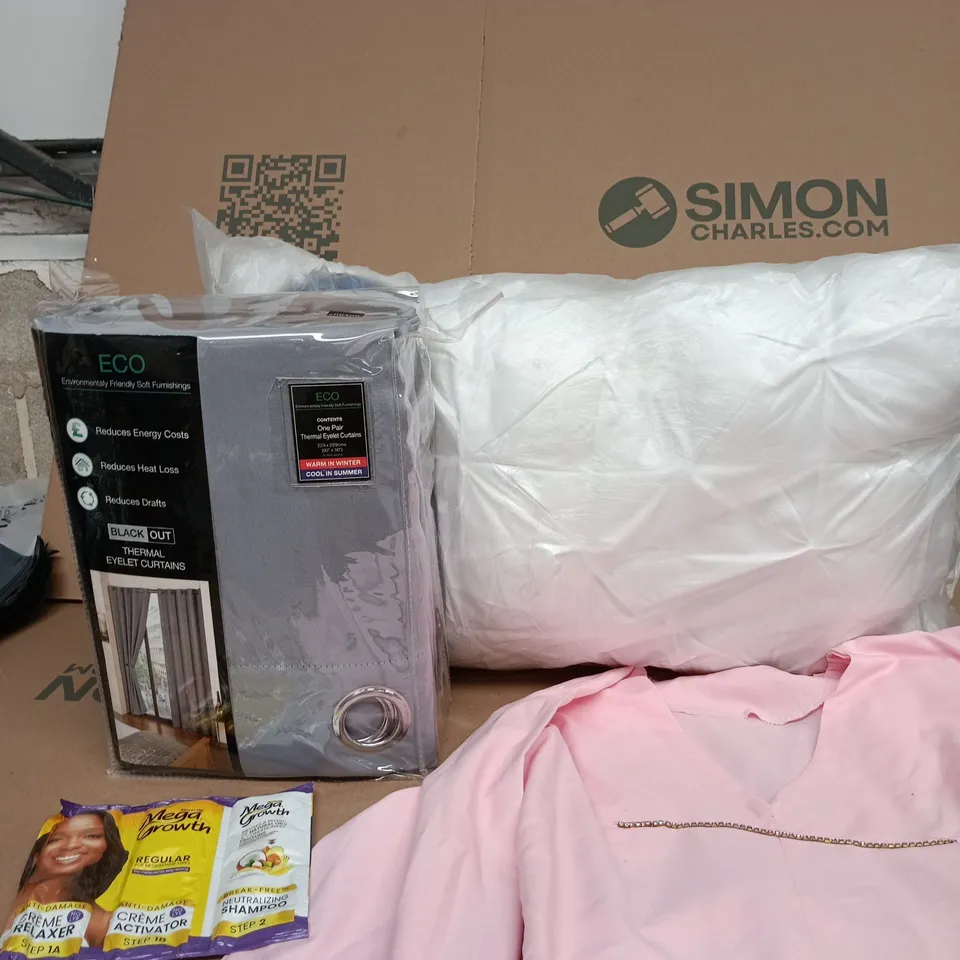 BOX OF APPROXIMATELY 5 ASSORTED ITEMS INCLUDING ECO BLACK OUT THERMAL EYELET CURTAINS,MEGA GROWTH HAIR PRODUCTS AND PINK WOMEN'S DRESS