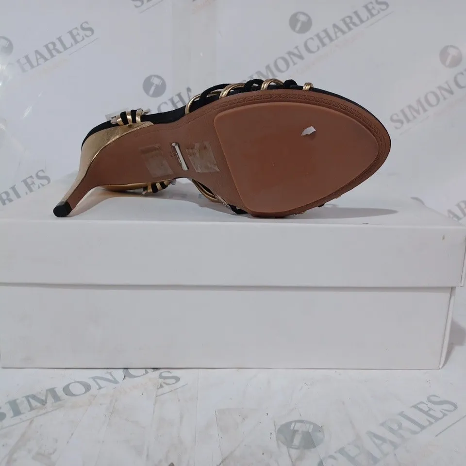 BOXED PAIR OF REISS CASSIDY STRAPPY HEELS IN BLACK/GOLD SIZE 5