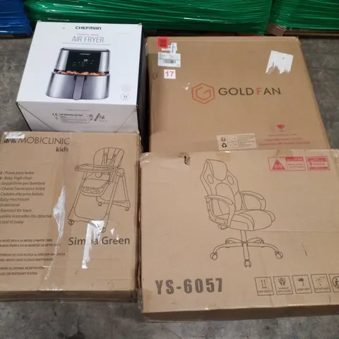 PALLET CONTAINING ASSORTED PRODUCTS TO INCLUDE AIR FRYER, BABY HIGH CHAIR, OFFICE CHAIR, ROUND DINING TABLE