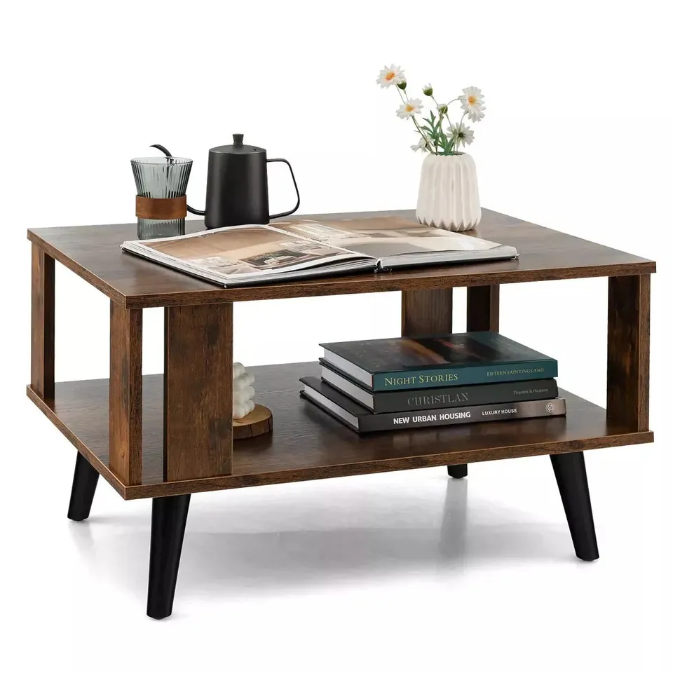 BOXED COSTWAY COFFEE TABLE RETRO MID-CENTURY COFFEE TABLE W/STORAGE OPEN SHELF LIVING ROOM