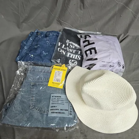 BOX OF APPROXIMATELY 20 ASSORTED CLOTHING ITEMS TO INCLUDE JEANS, HAT, TOPS, ETC