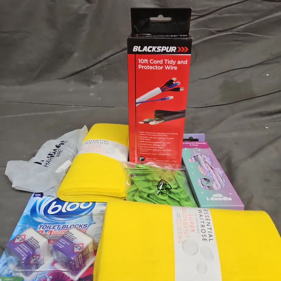 TOTE OF APPROXIMATELY 10 ASSORTED HOUSEHOLD ITEM TO INCLUDE PENCILS, CLOTHS AND TOILET BLOCKS