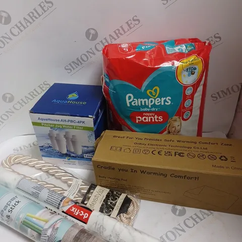 BOX OF APPROXIMATELY 20 ASSORTED ITEMS TO INCLUDE - BODY HEATING PAD, CURTAIN TIE BACK, DECORATING ADHESIVE ROLL, WATER FILTERS ETC