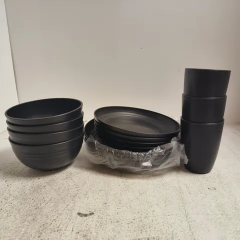 BOXED UNBRANDED SET OF BLACK KITCHENWARE: NESTING BOWLS, DISHES, AND STACKING TUMBLERS