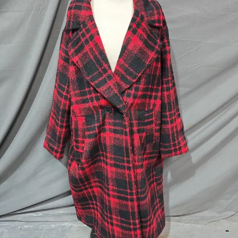 PAPAYA OUTERWEAR RED CHECK LONG LINE BUTTON FRONT COAT - UK 18