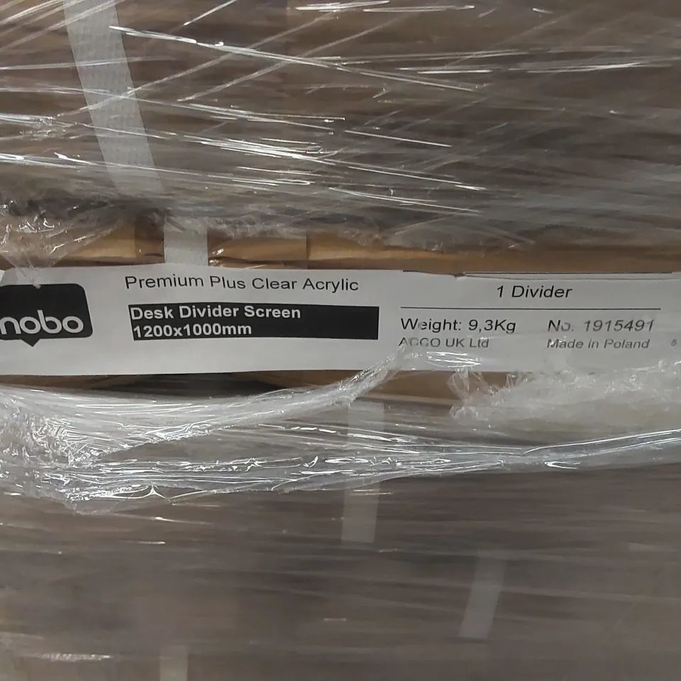 PALLET CONTAINING A LARGE ASSORTMENT OF BRAND NEW OFFICE FURNITURE PARTS TO INCLUDE: ECO 18 600MM RH RADIAL CANTILEVER LEGS, NOBO PREMIUM PLUS CLEAR ACRYLIC DESK DIVIDERS ECT 