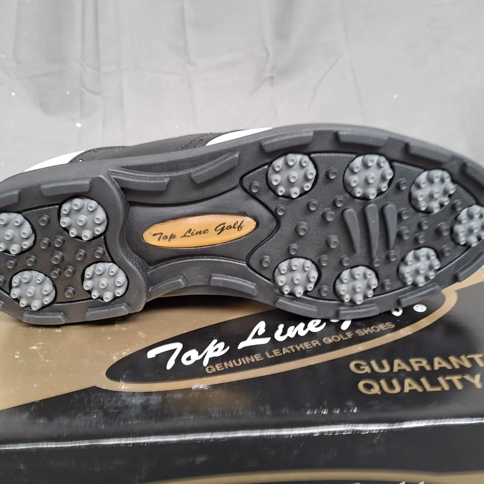 BOX OF APPROXIMATLY 10 BOXED PAIRS OF BLACK AND WHITE TOP LINE GOLF SHOES IN VARIOUS SIZE 