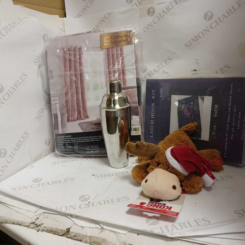 LOT OF APPROX 9 TO INCLUDE PINK CURTAINS , LATCH HOOK KIT , KONG DOG TOY , ETC