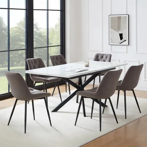 BOXED DUSK BROOKE RECTANGLE EXTENDABLE 6-10 SEATER DINING TABLE - STONE/BLACK (2 BOXES)