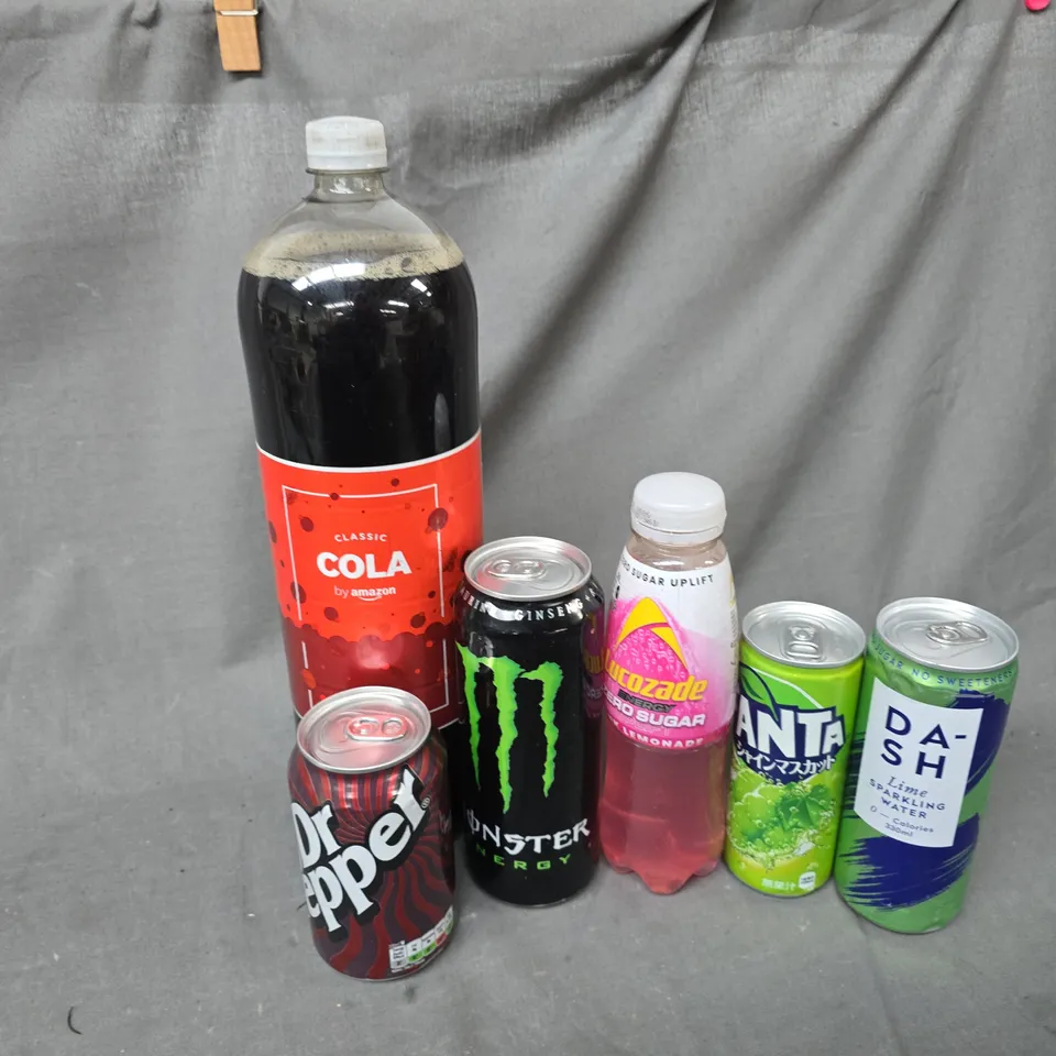 APPROXIMATELY 10 ASSORTED DRINKS TO INCLUDE CLASSIC COLA, DR PEPPER, MONSTER ENERGY, ETC - COLLECTION ONLY