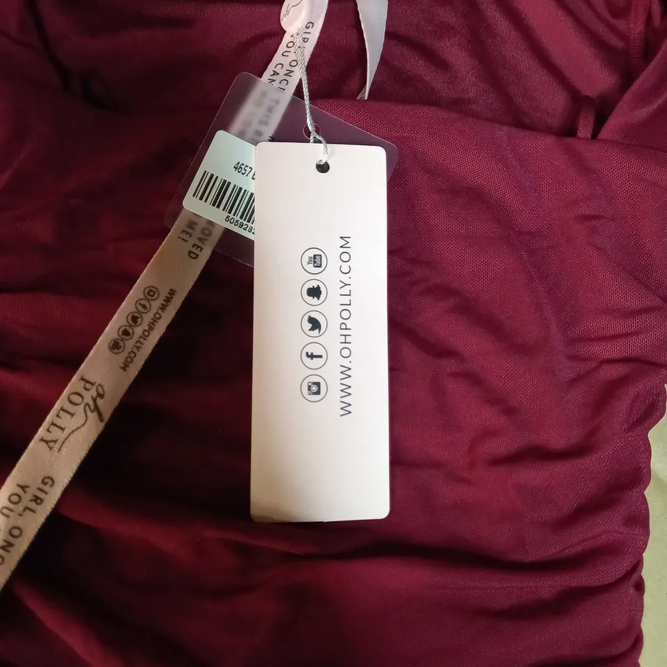 OH POLLY BURGUNDY RUCHED SQUARED NECK MIDI DRESS - SIZE 6