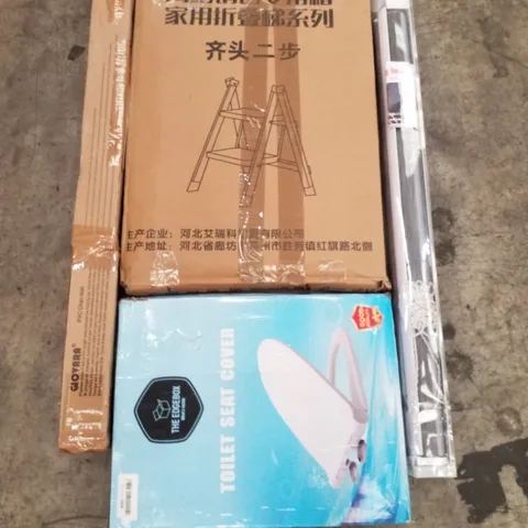 PALLET OF ASSORTED PRODUCTS INCLUDING TOILET SEAT COVER, PVC CHAIR MAT, ROLLER BLINDS, STEP STOOL