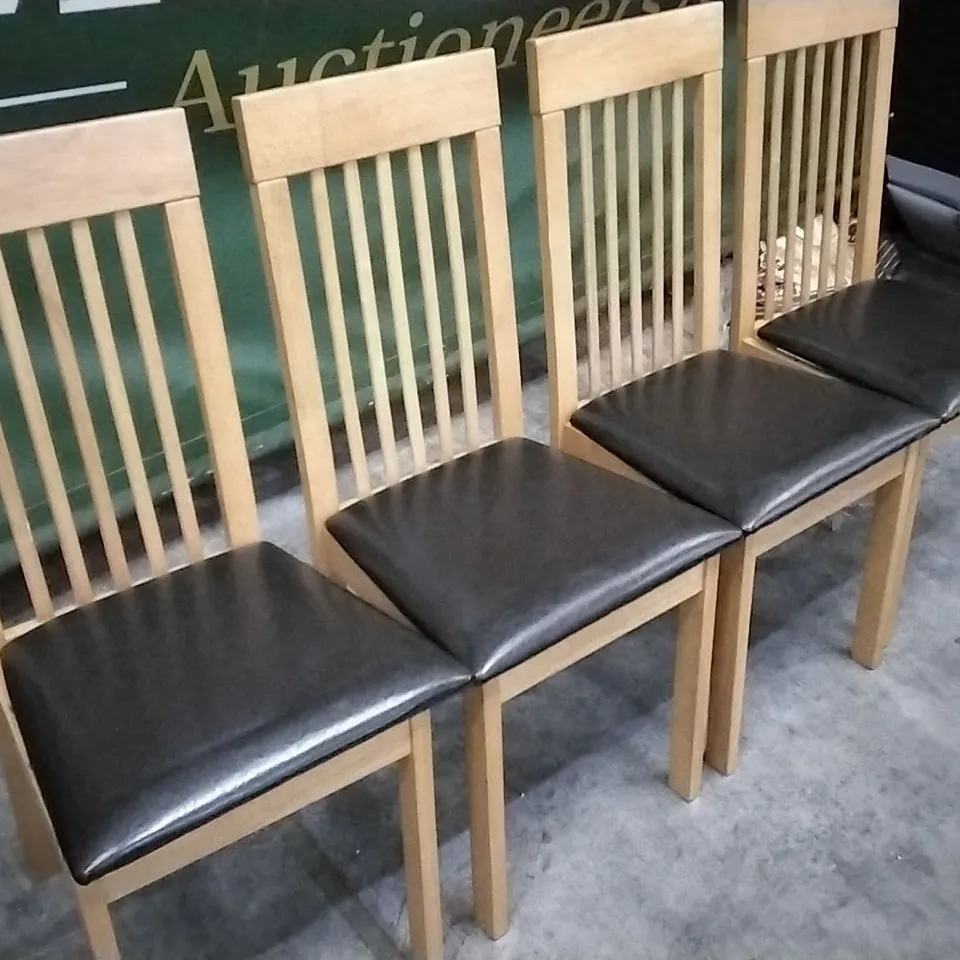SET OF 4 WOODEN DINING CHAIRS WITH BLACK LEATHER SEAT