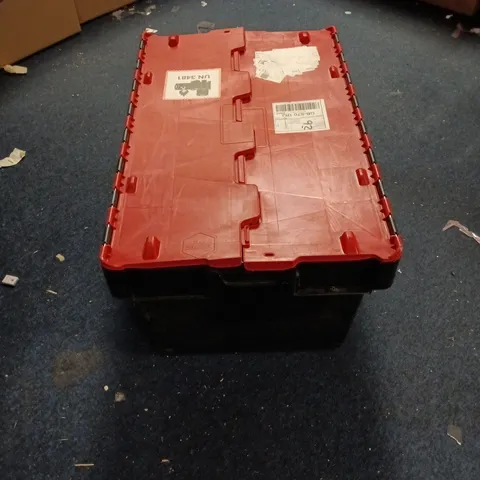 LARGE HARD PLASTIC STORAGE CONTAINER, BLACK WITH RED CLOSING LIDS