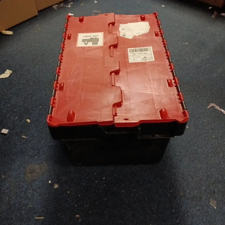 LARGE HARD PLASTIC STORAGE CONTAINER, BLACK WITH RED CLOSING LIDS