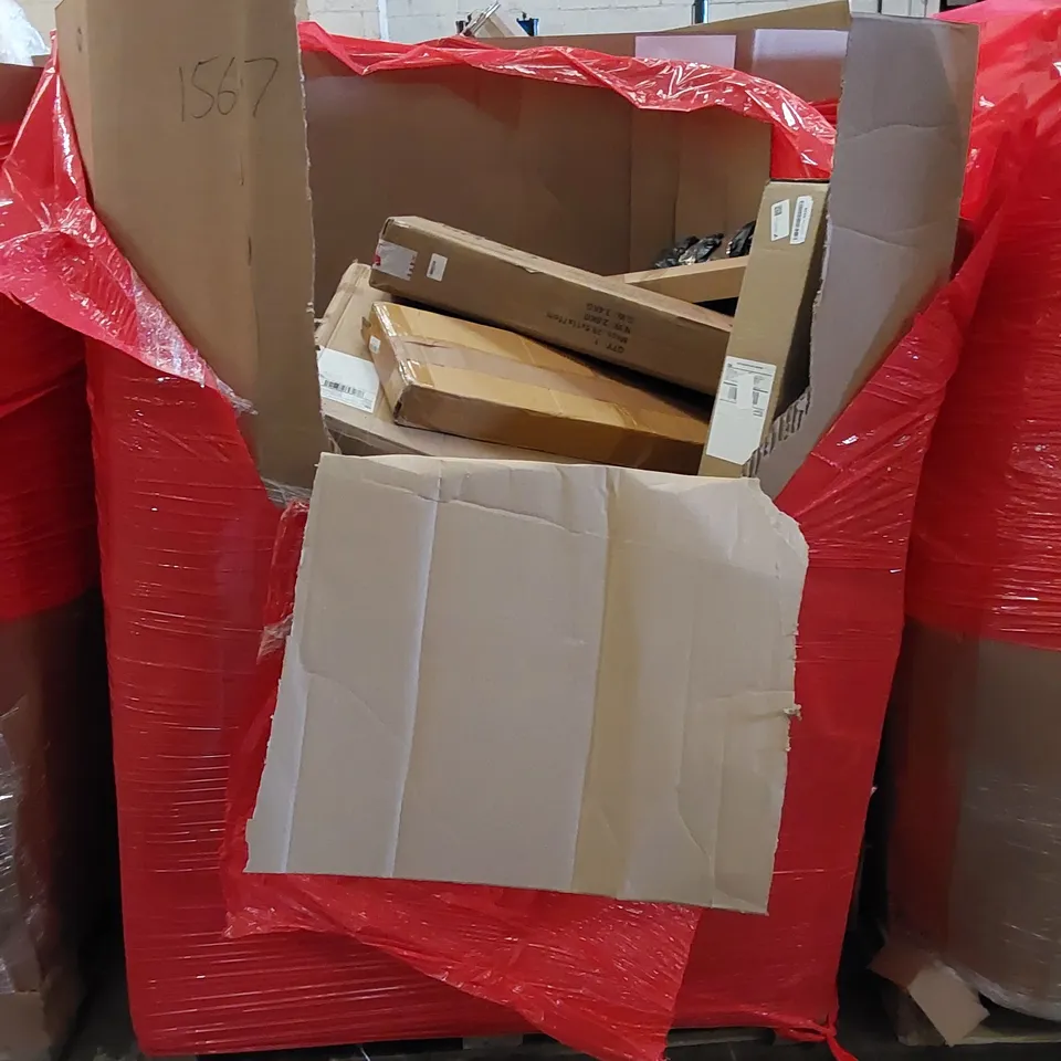 PALLET TO CONTAIN ASSORTED HOUSEHOLD ITEMS AND CONSUMER PRODUCTS. INCLUDES VACUUM CLEANERS, FOOD PROCESSORS, AIR FRYER, WASHING MACHINE RACK, BOXED FURNITURE ETC 