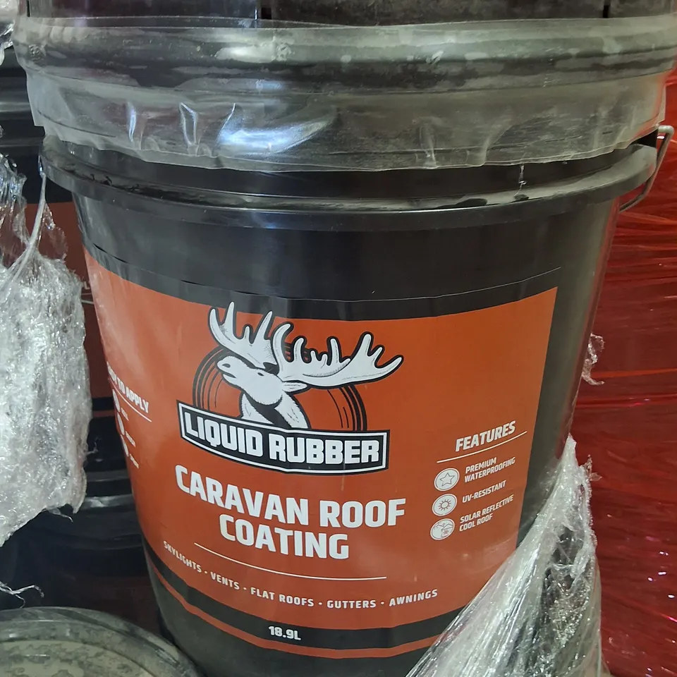 PALLET CONTAINING APPROXIMATELY 14 LIQUID RUBBER CARAVAN ROOF COATING
