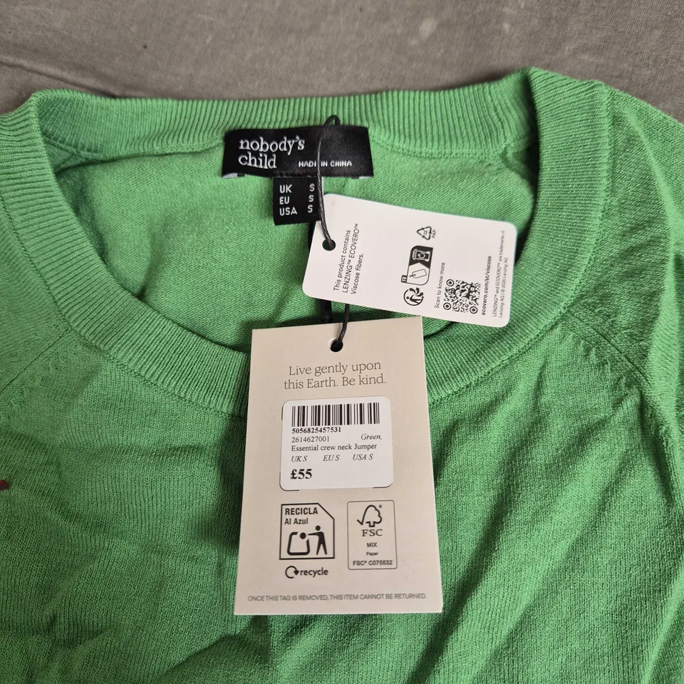 UK SIZE S NOBODY'S CHILD GREEN CREW NECK JUMPER - UK S
