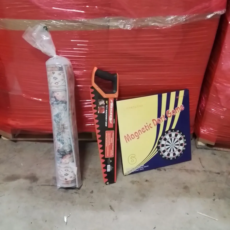 PALLET OF ASSORTED HOUSEHOLD GOODS AND PRODUCTS TO INCLUDE;AREA RUG,SAW,MAGNETIC DARTBOARD 