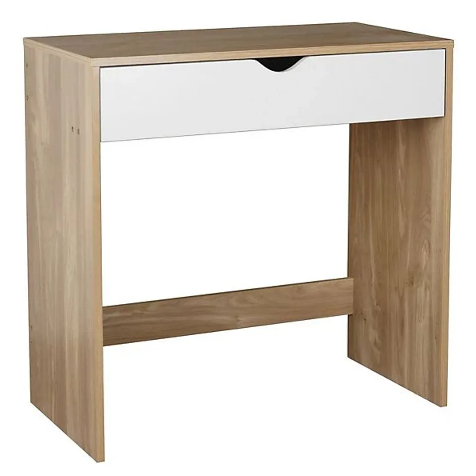 BOXED URBNLIVING HEIGHT 75CM WOODEN OAK 1 DRAWER DRESSING TABLE WITH WHITE DRAWERS BEDROOM VANITY AND COMPUTER WORK DESK (1 BOX)