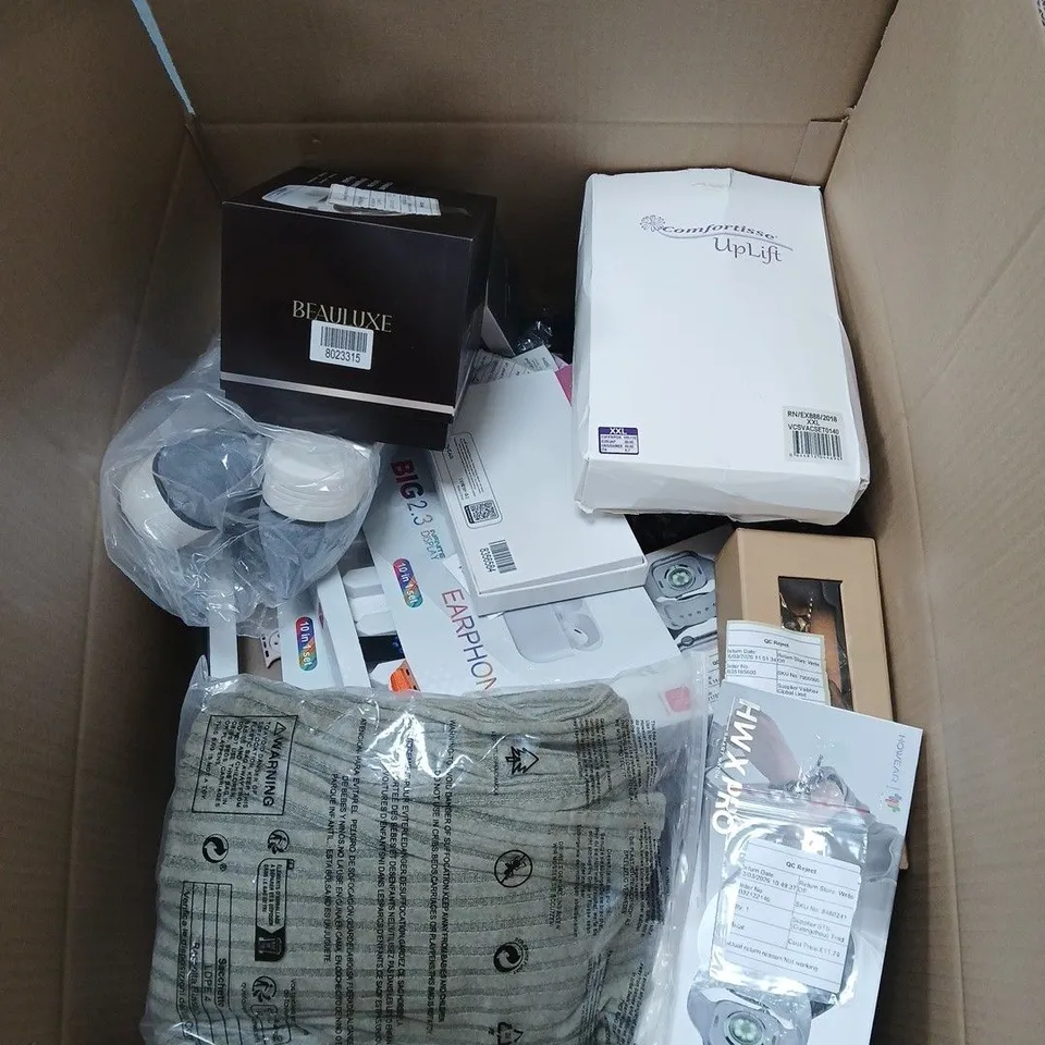 BOX OF APPROXIMATELY 25 ASSORTED HOUSEHOLD ITEMS TO INCLUDE COMFORTISSE UP LIGHT BRA, INFRARED THERAPY SHOULDER WRAP, MORINGA OIL ETC