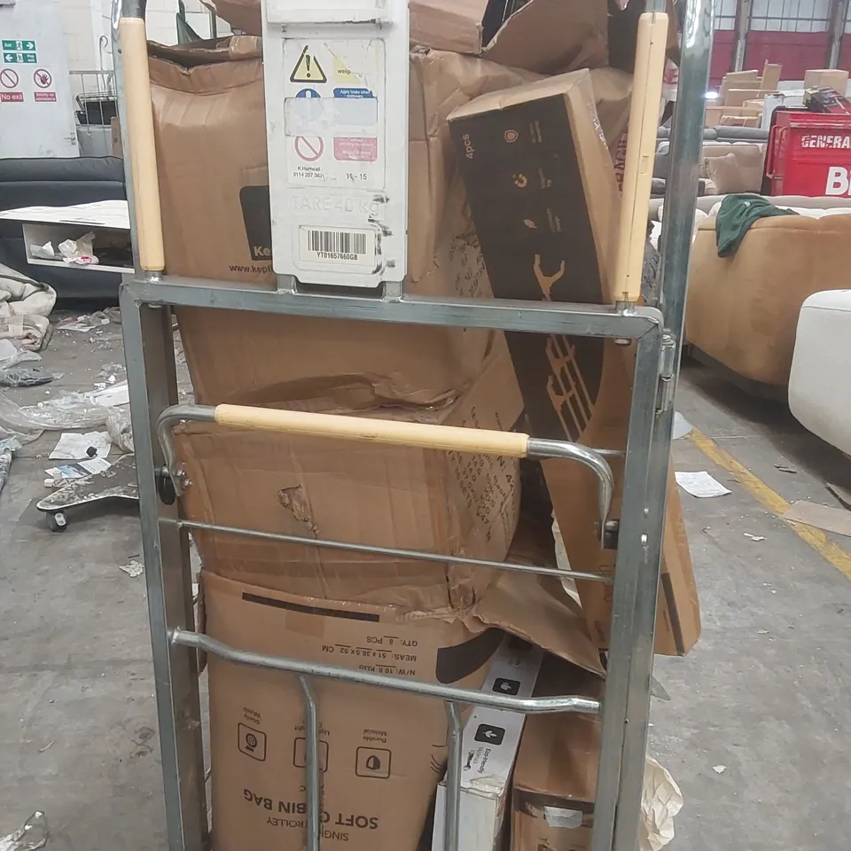 CAGE CONTAINING A LARGE QUANTITY OF ASSORTED ITEMS INCLUDING: LOMG REACH PICK UP TOOL, DEHUMIDIFIER, CLOTHING PEGS, SHOE STORAGE RACK ECT // CAGE NOT INCLUDED