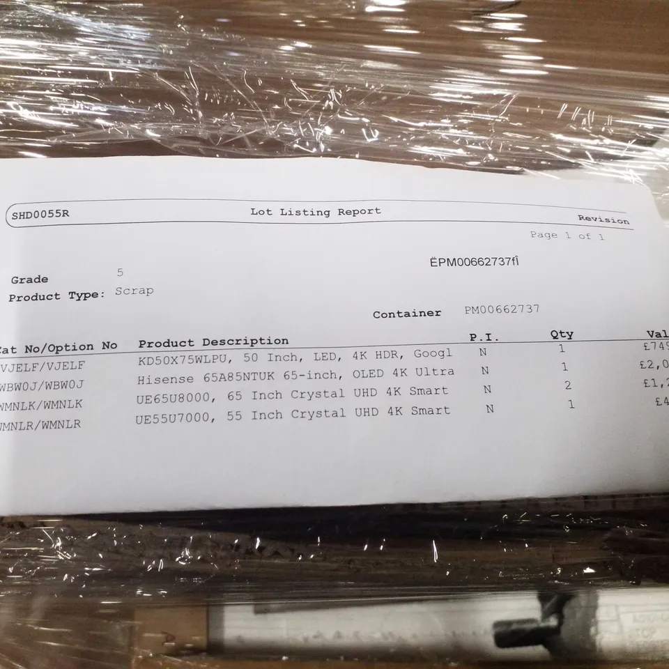 PALLET OF 5 ASSORTED DAMAGED TVS INCLUDING