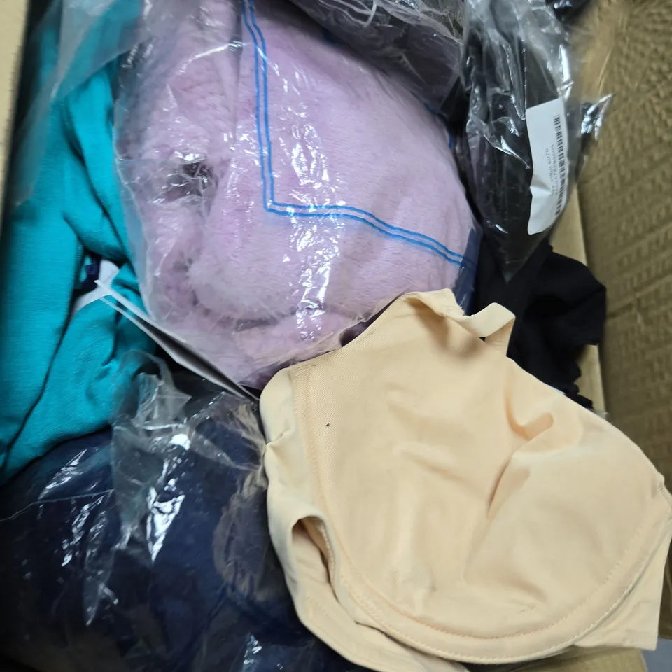 BOX OF APPROXIMATELY 12 ASSORTED CLOTHING ITEMS INCLUDING VENA BRIEFS , AFTER EDEN BRA , SUNFLAIR BRA AND LISCA BRIEFS 
