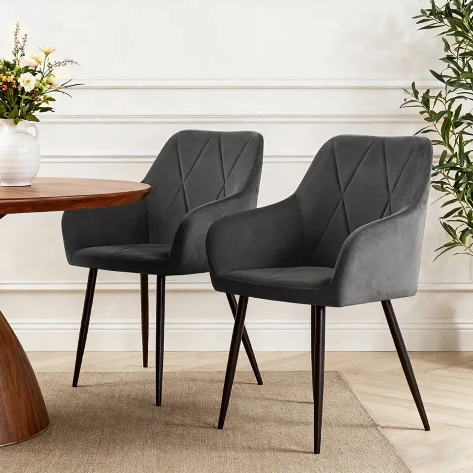 BOXED ANQUETTA VELVET MODERN DINING CHAIRS WITH QUILTED DIAMOND PATTERN - GREY (1 BOX)