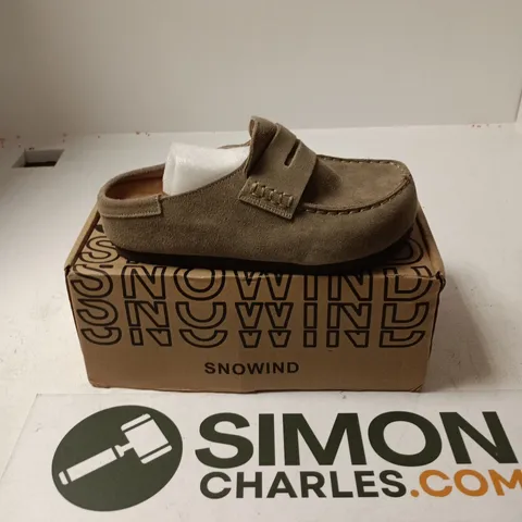 BOXED PAIR OF SNOWIND SUEDE CLOGS IN TAUPE - SIZE 36